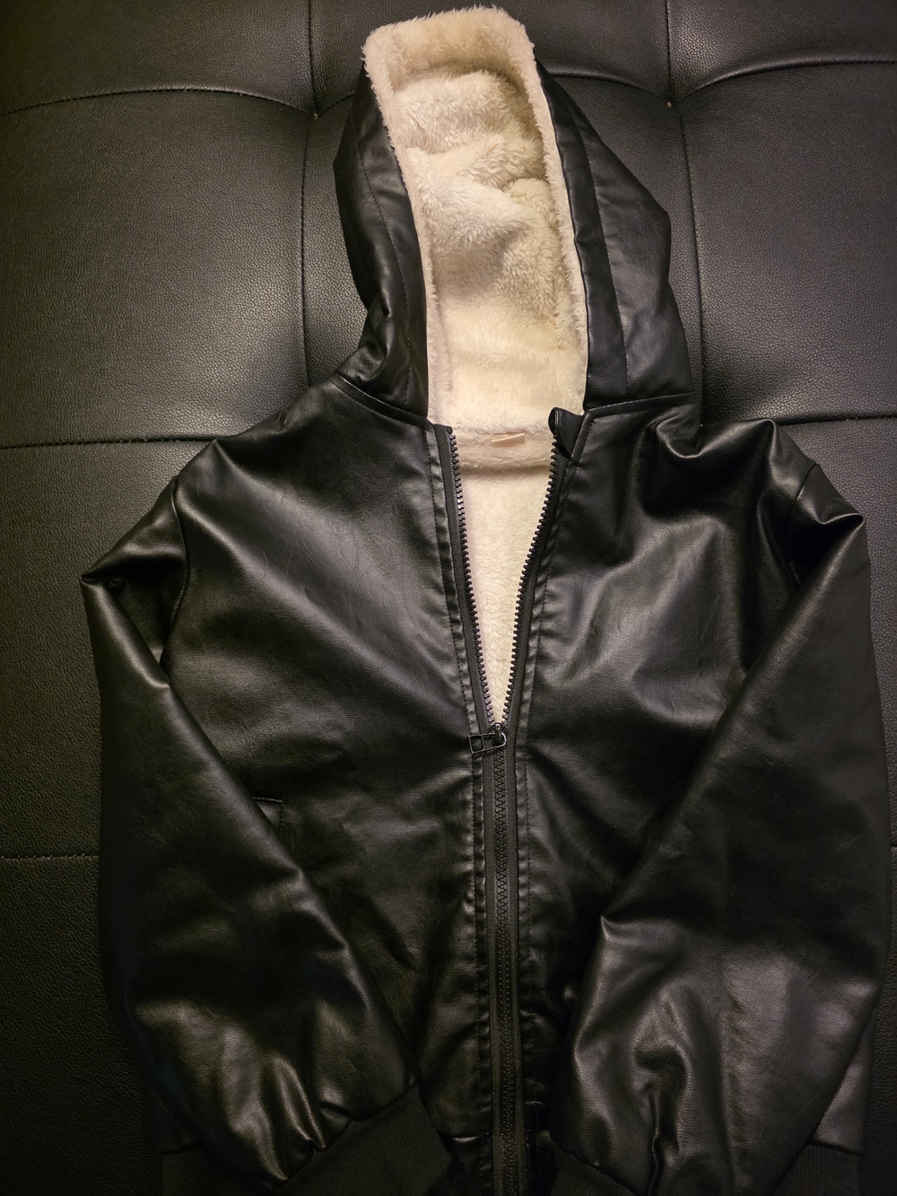 Boy's Faux Leather Hooded Jacket with Cream Sherpa Lining